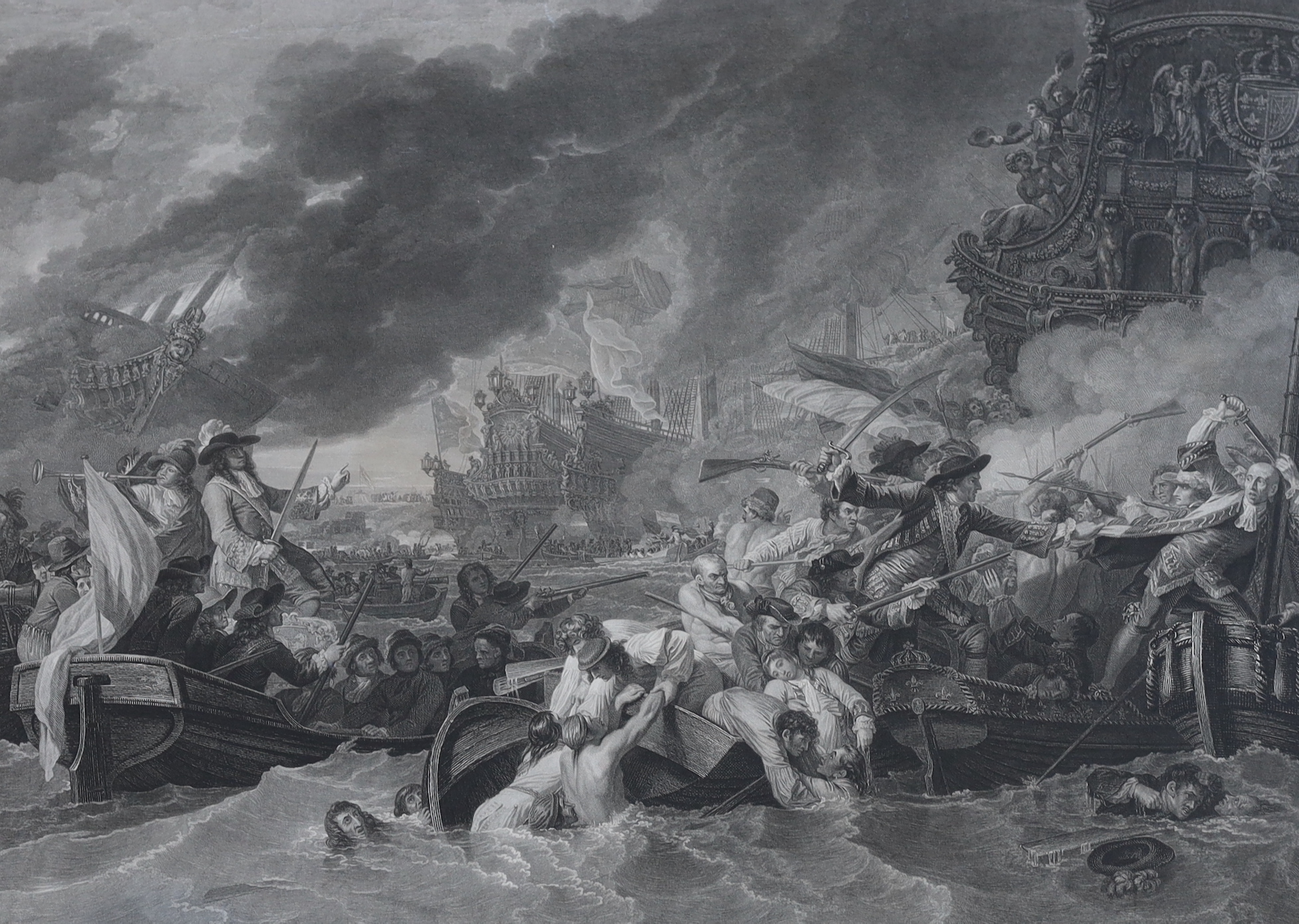 William Woollett after Benjamin West, engraving, 'The Battle at La Hogue', published by West, Woollett and Hall 1781, visible sheet 48 x 60.5cm